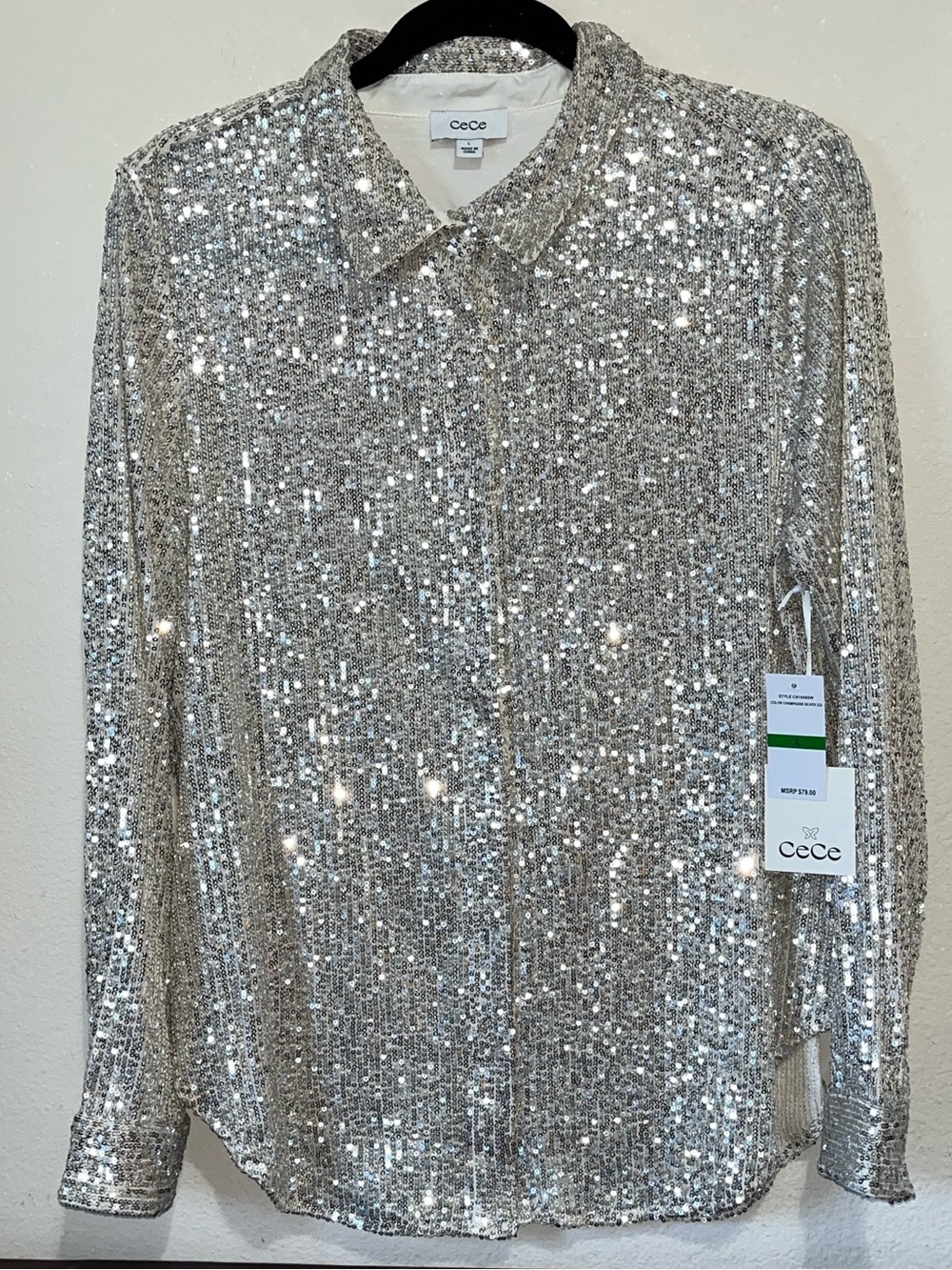 CeCe Champagne Silver Sequin Top Button Down Shirt Long Sleeve Sparkly Party L - Picture 6 of 15